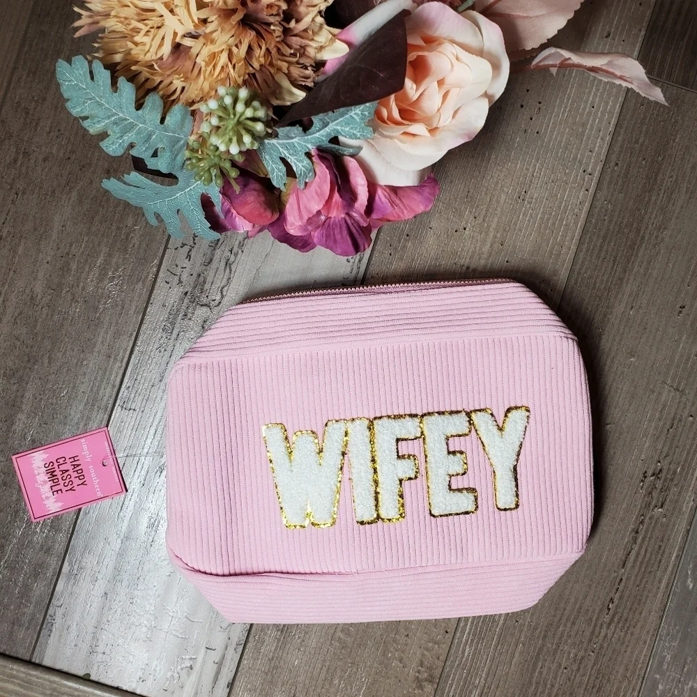 NWT Simply Southern WIFEY Pink White and Gold Varsity Cosmetic Bag